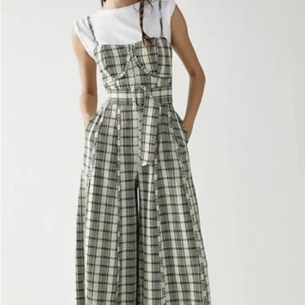 Free People Hold Me Tight Wide Leg Plaid Jumpsuit Size Small New Green Belted
